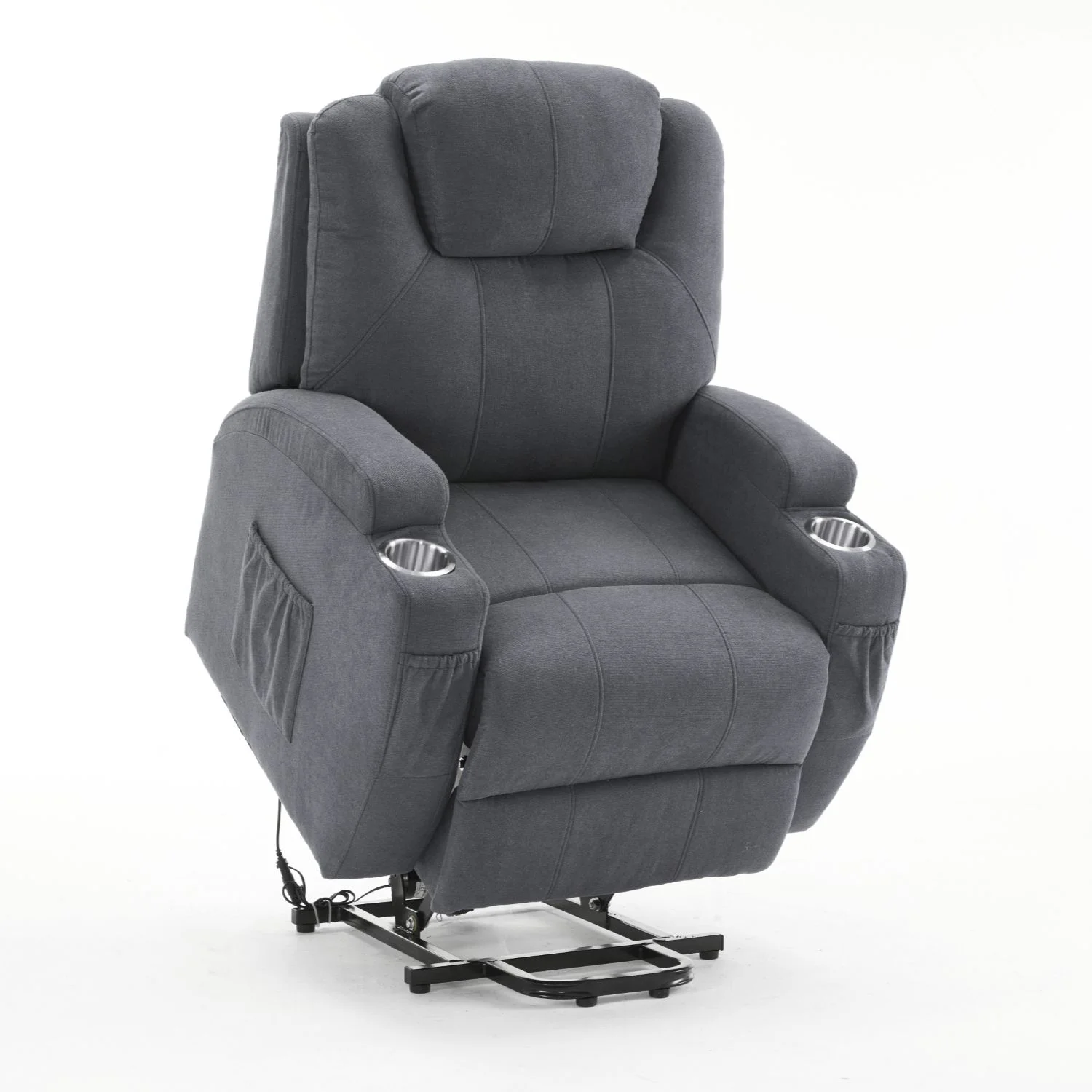 Felállást segítő relax elektromos fotelágy motoros mechanizmus szövet sötétszürke, pohártartóval, masszázzsal, fűtéssel