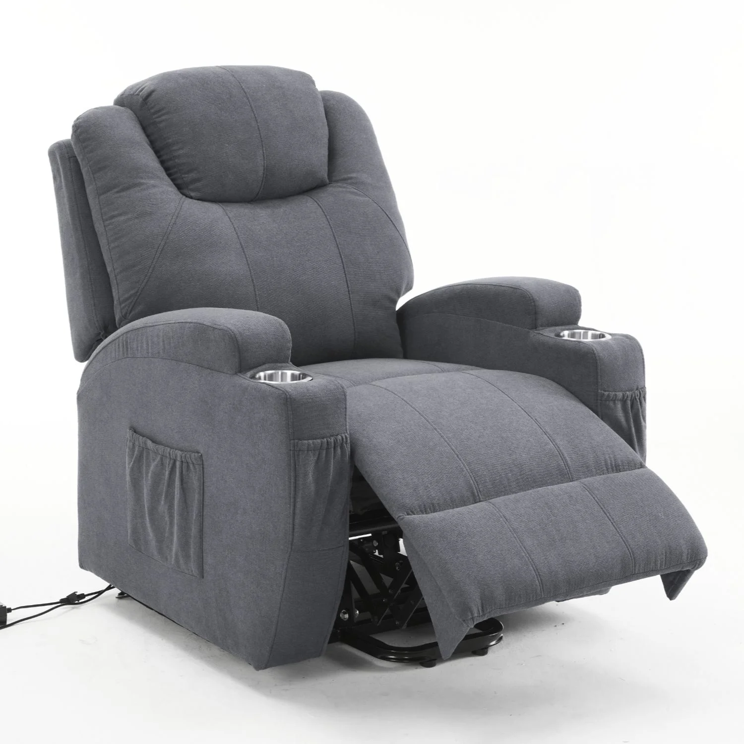 Felállást segítő relax elektromos fotelágy motoros mechanizmus szövet sötétszürke, pohártartóval, masszázzsal, fűtéssel