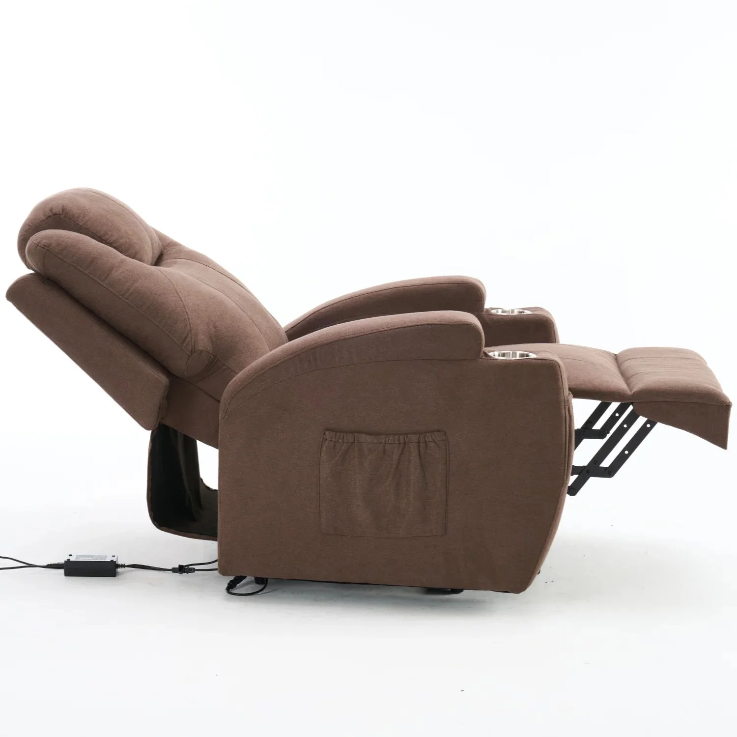 Felállást segítő relax elektromos fotelágy motoros mechanizmus szövet sötétbarna, pohártartóval, masszázzsal, fűtéssel