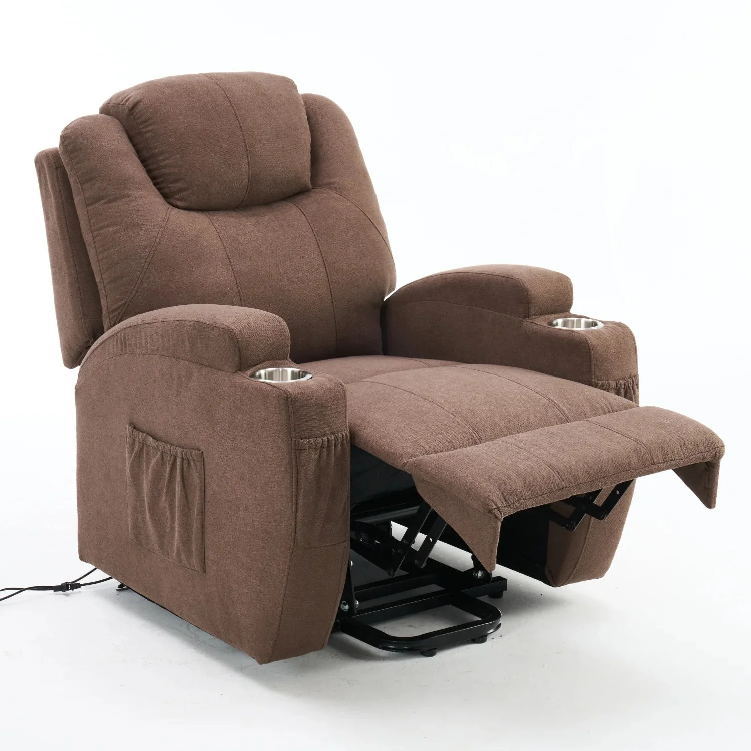 Felállást segítő relax elektromos fotelágy motoros mechanizmus szövet sötétbarna, pohártartóval, masszázzsal, fűtéssel