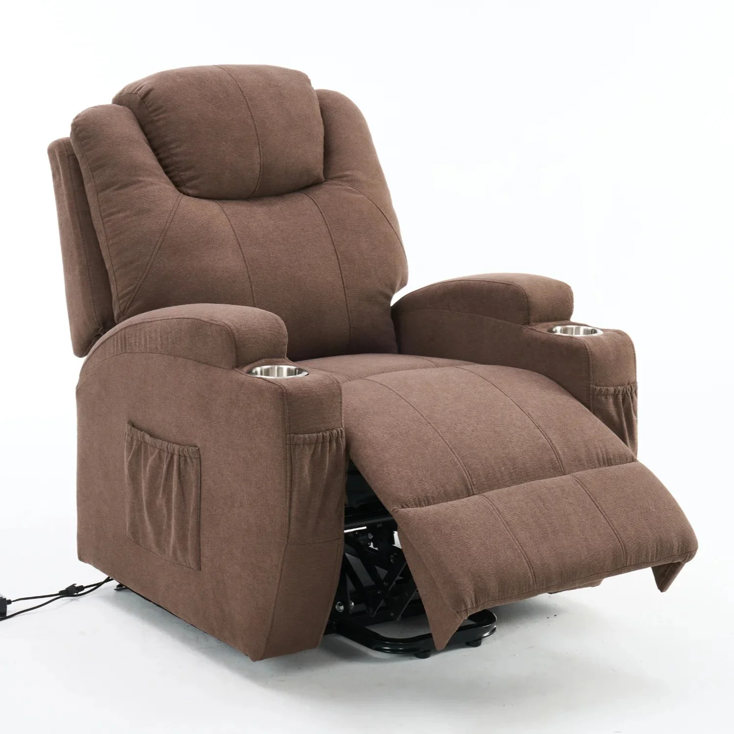 Felállást segítő relax elektromos fotelágy motoros mechanizmus szövet sötétbarna, pohártartóval, masszázzsal, fűtéssel