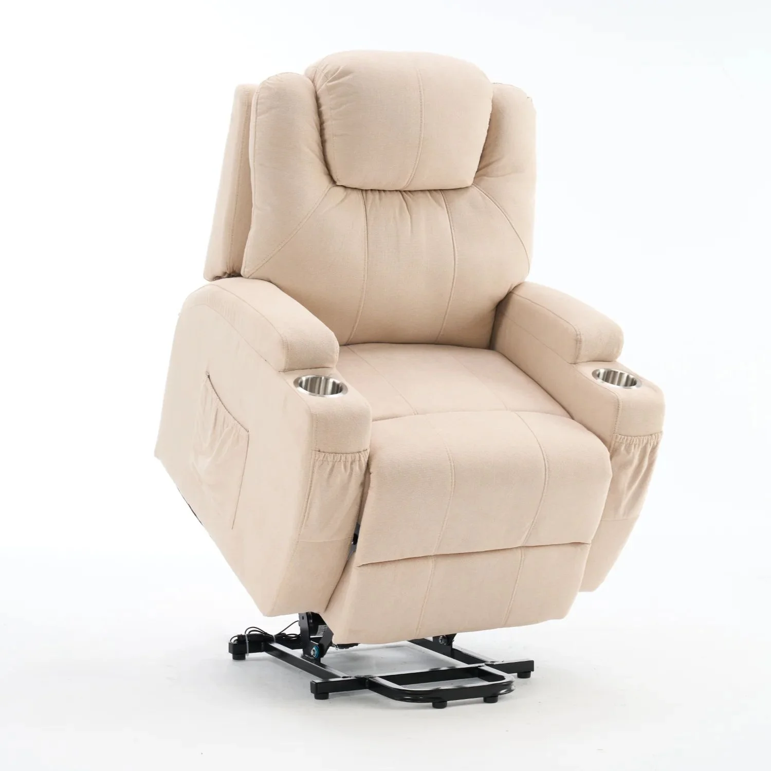 Felállást segítő relax elektromos fotelágy motoros mechanizmus szövet bézs, pohártartóval, masszázzsal, fűtéssel