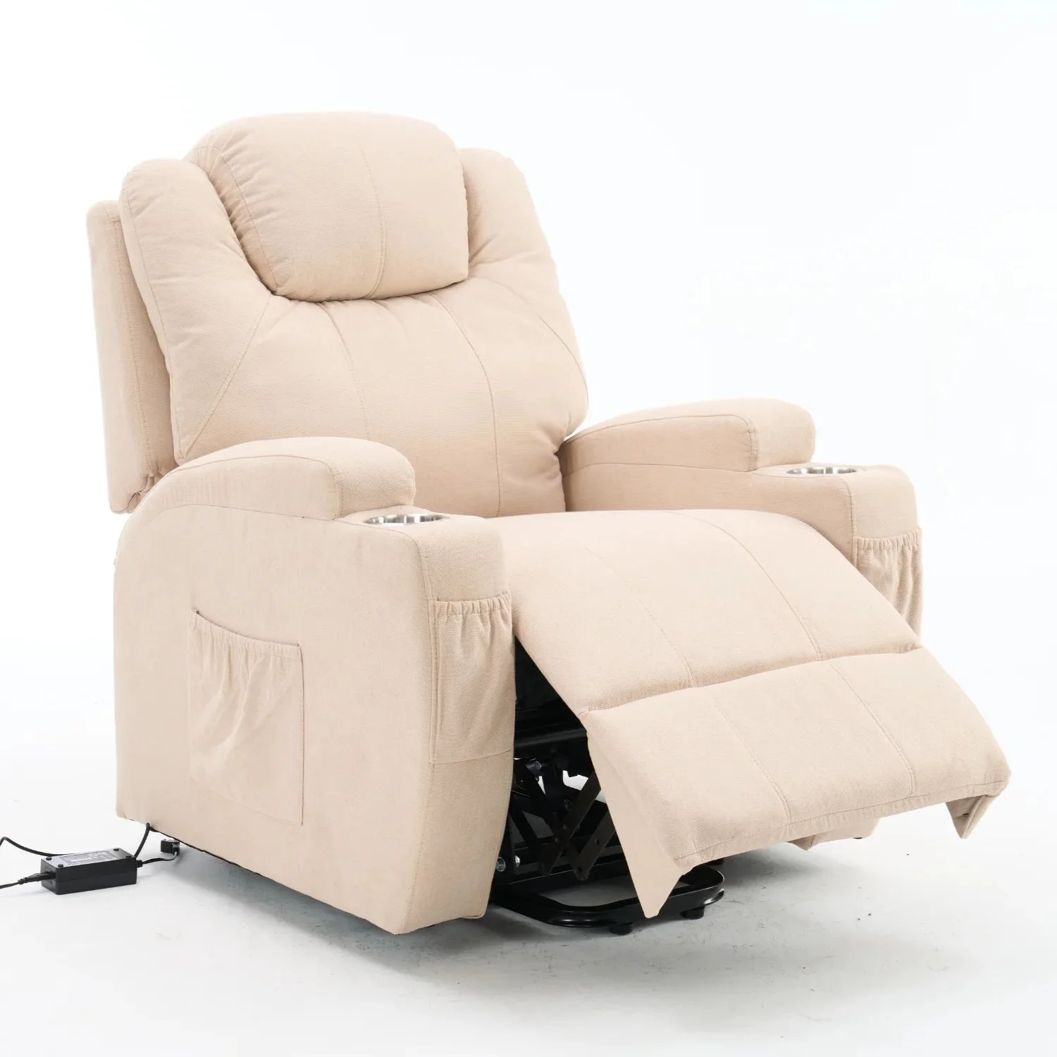 Felállást segítő relax elektromos fotelágy motoros mechanizmus szövet bézs, pohártartóval, masszázzsal, fűtéssel