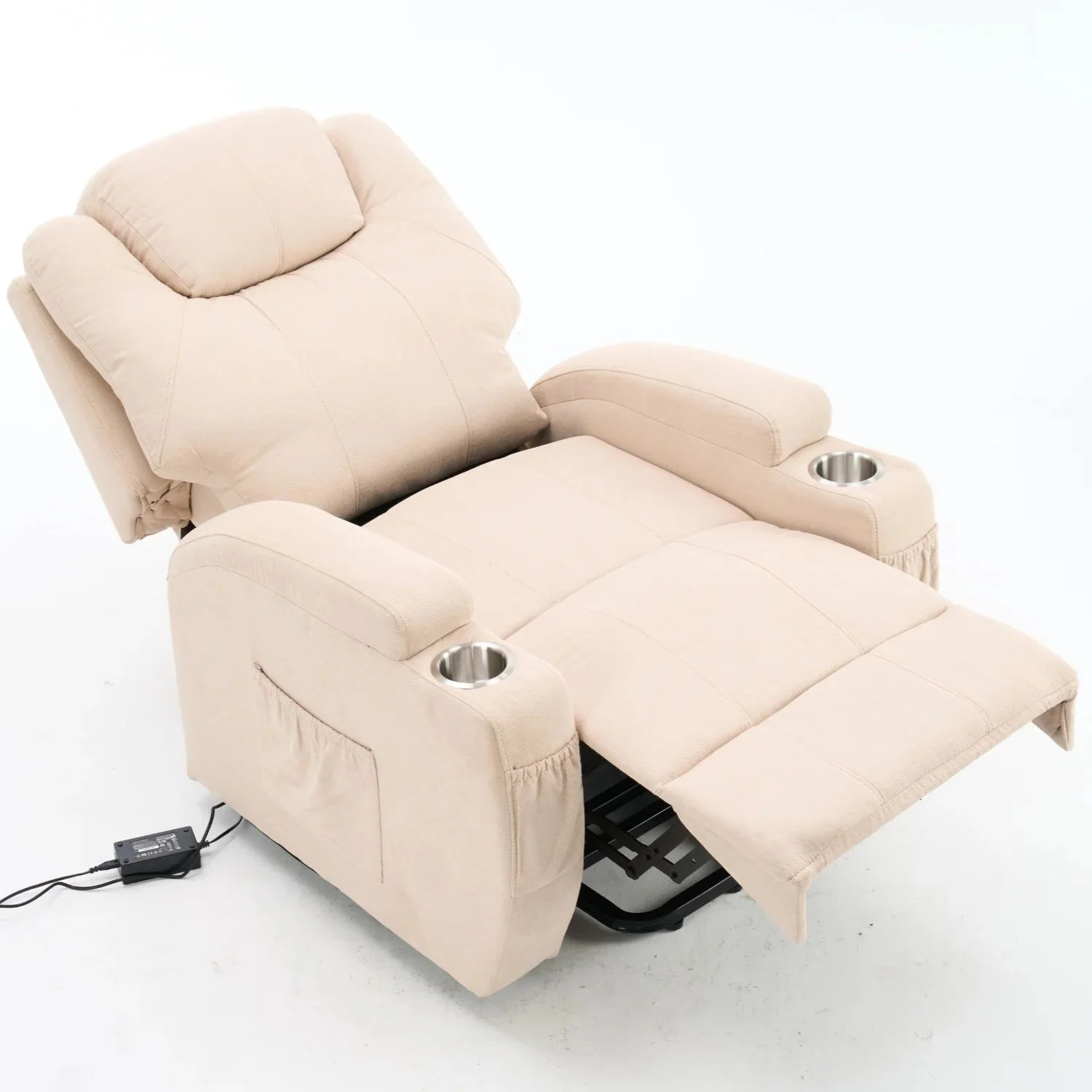 Felállást segítő relax elektromos fotelágy motoros mechanizmus szövet bézs, pohártartóval, masszázzsal, fűtéssel