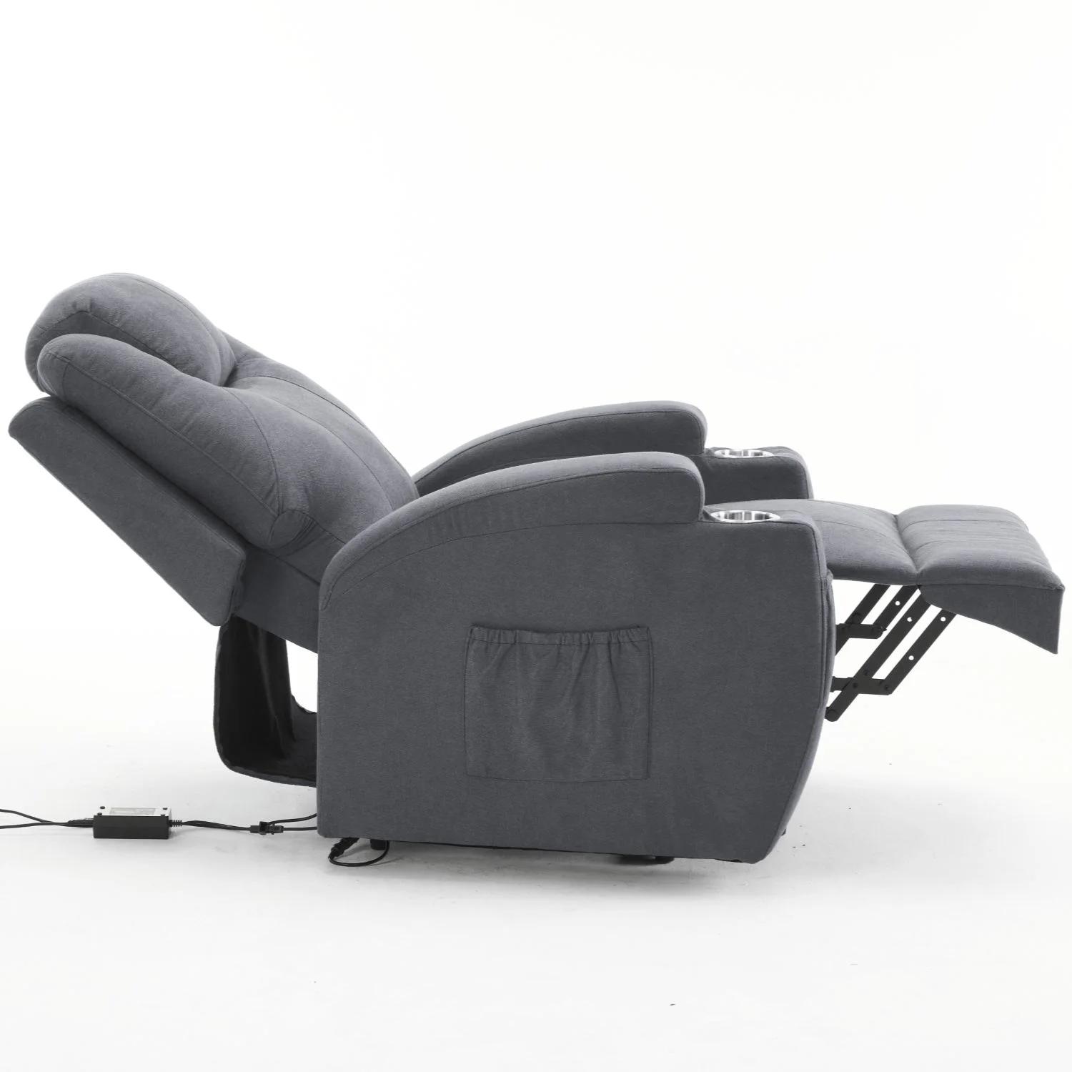 Felállást segítő relax elektromos fotelágy motoros mechanizmus szövet sötétszürke, pohártartóval