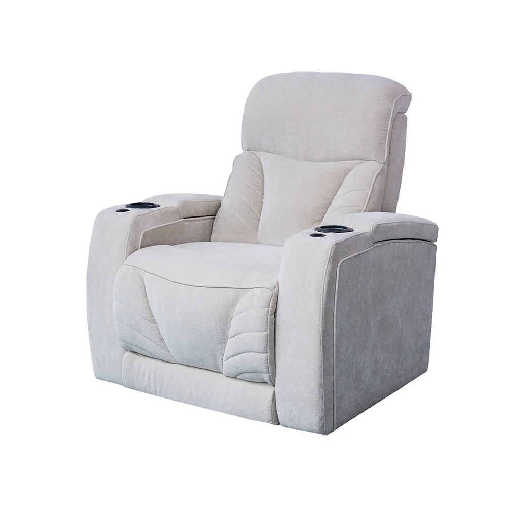 Luxus fekvőfotel, relax fotelágy elektromosan dönthető, lábtartóval, pohártartóval, világítással bézs textil
