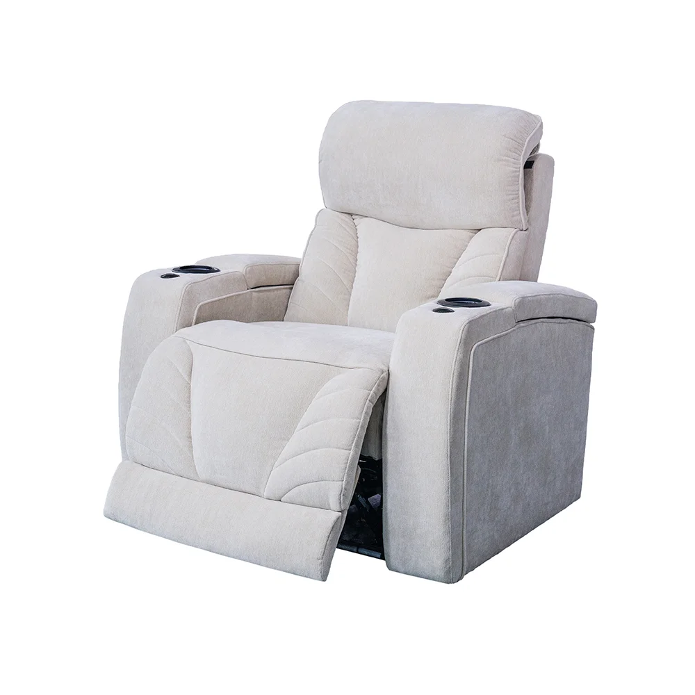 Luxus fekvőfotel, relax fotelágy elektromosan dönthető, lábtartóval, pohártartóval, világítással bézs textil