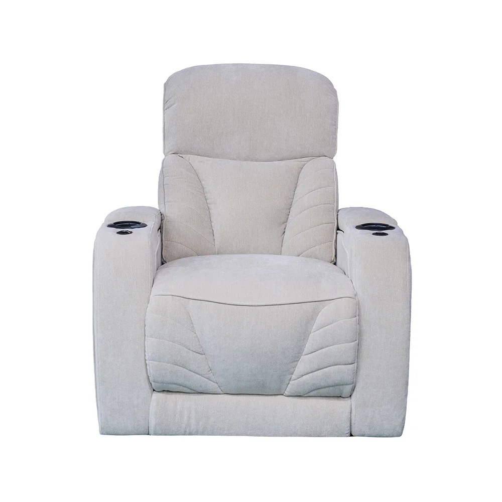 Luxus fekvőfotel, relax fotelágy elektromosan dönthető, lábtartóval, pohártartóval, világítással bézs textil