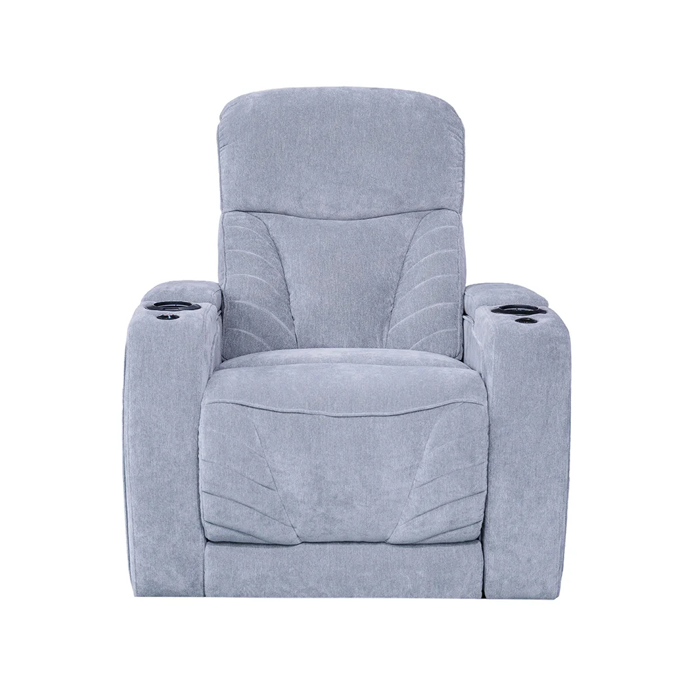 Luxus fekvőfotel, relax fotelágy elektromosan dönthető, lábtartóval, pohártartóval, világítással szürke textil
