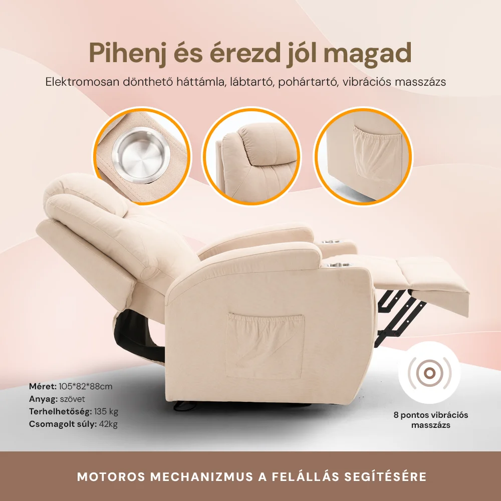 Felállást segítő relax elektromos fotelágy motoros mechanizmus szövet bézs, pohártartóval, masszázzsal, fűtéssel
