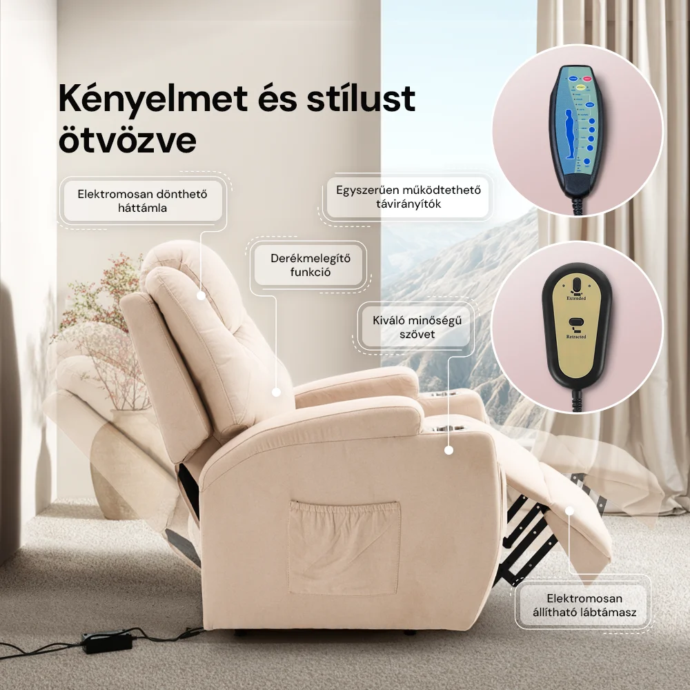 Felállást segítő relax elektromos fotelágy motoros mechanizmus szövet bézs, pohártartóval, masszázzsal, fűtéssel