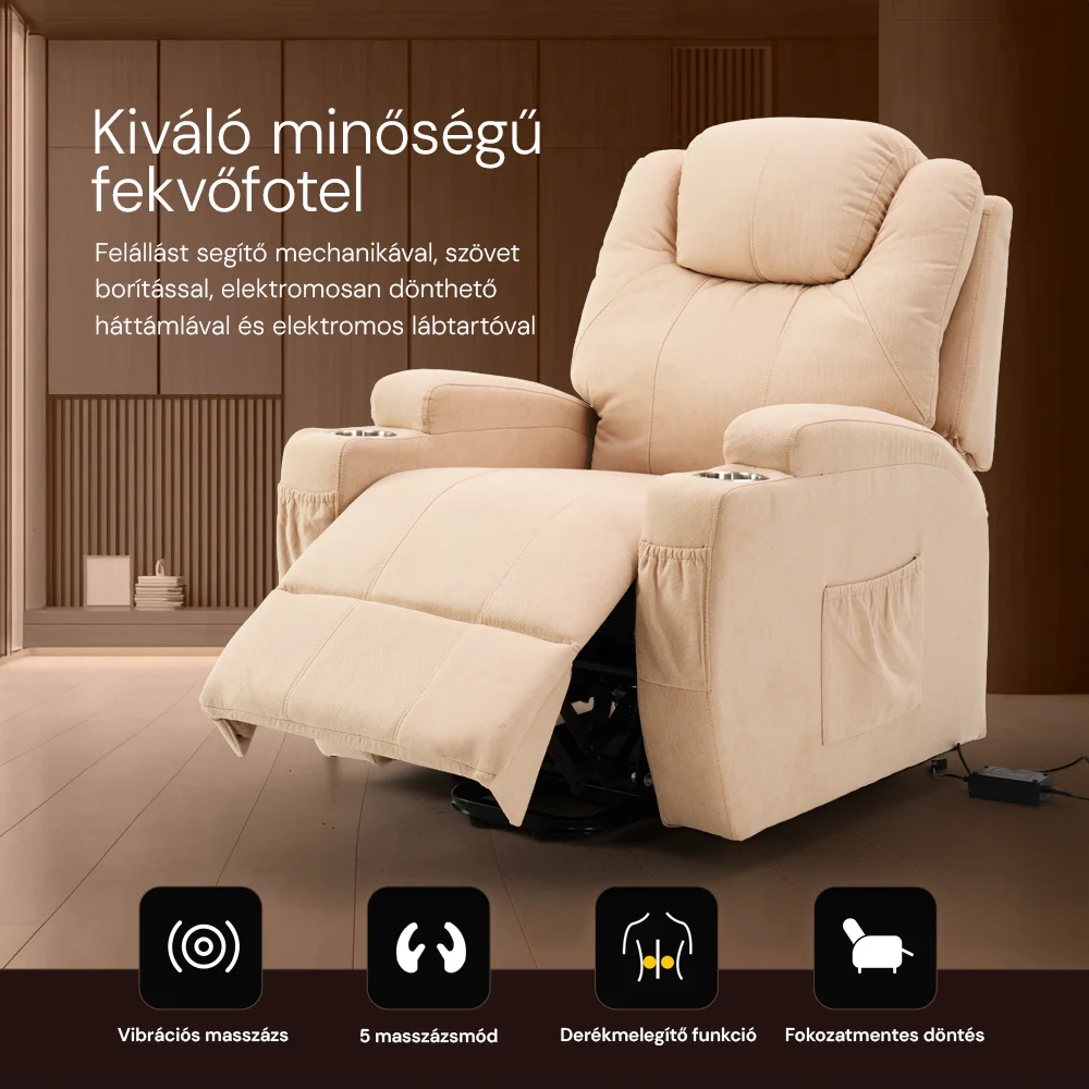 Felállást segítő relax elektromos fotelágy motoros mechanizmus szövet bézs, pohártartóval, masszázzsal, fűtéssel