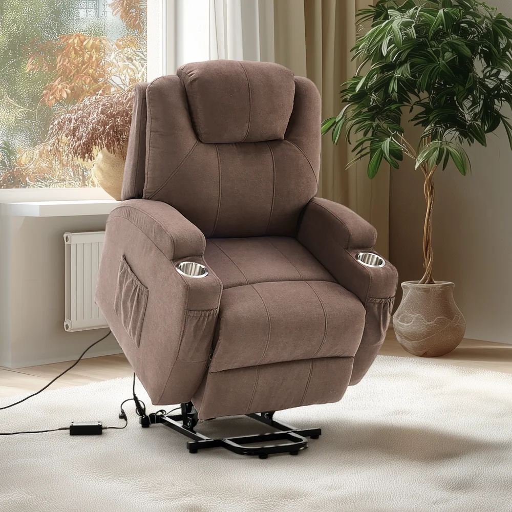 Felállást segítő relax elektromos fotelágy motoros mechanizmus szövet sötétbarna, pohártartóval, masszázzsal, fűtéssel