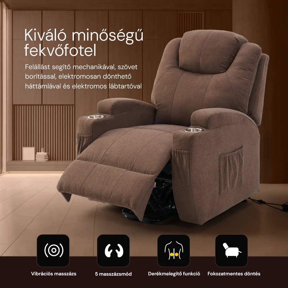 Felállást segítő relax elektromos fotelágy motoros mechanizmus szövet sötétbarna, pohártartóval, masszázzsal, fűtéssel