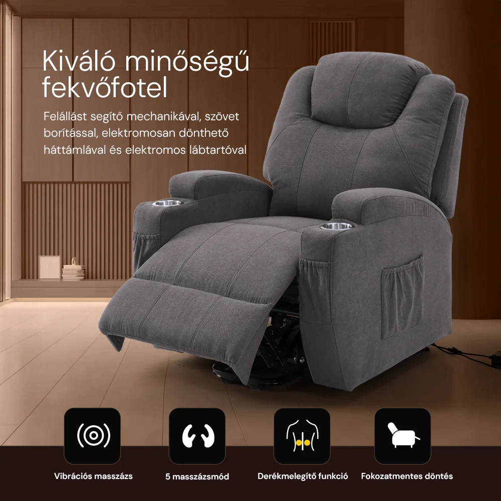 Felállást segítő relax elektromos fotelágy motoros mechanizmus szövet sötétszürke, pohártartóval, masszázzsal, fűtéssel