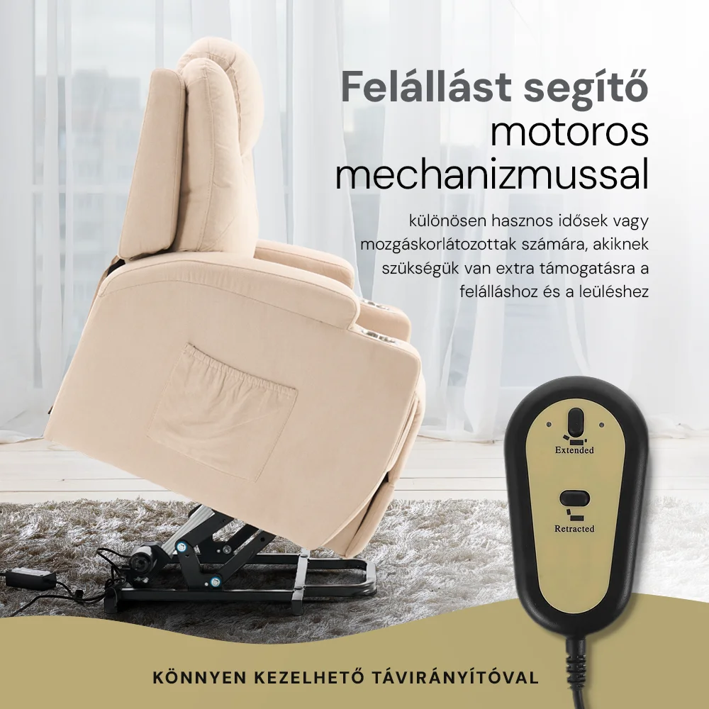 Felállást segítő relax elektromos fotelágy motoros mechanizmus szövet bézs, pohártartóval