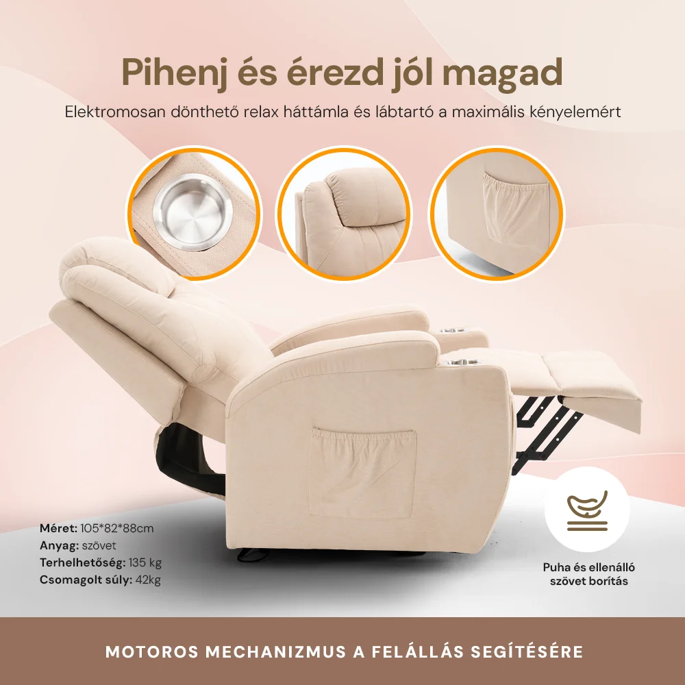 Felállást segítő relax elektromos fotelágy motoros mechanizmus szövet bézs, pohártartóval