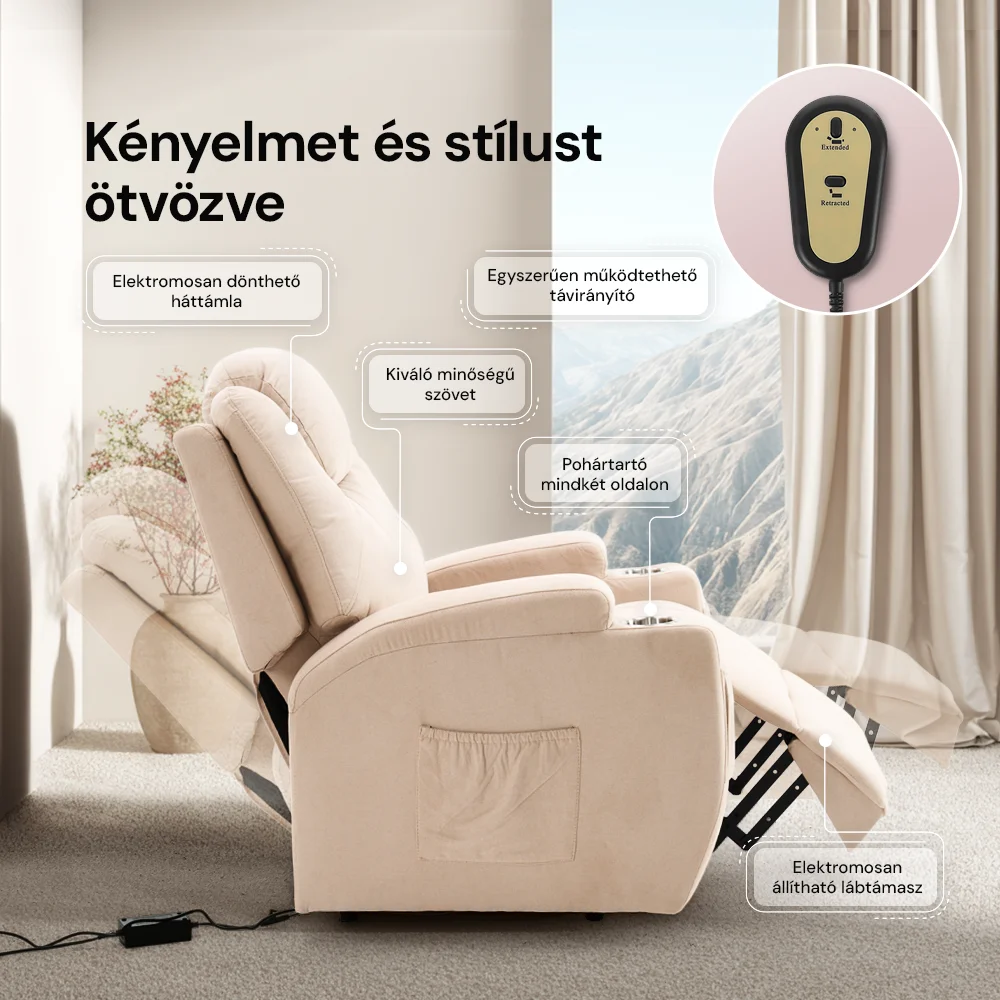Felállást segítő relax elektromos fotelágy motoros mechanizmus szövet bézs, pohártartóval