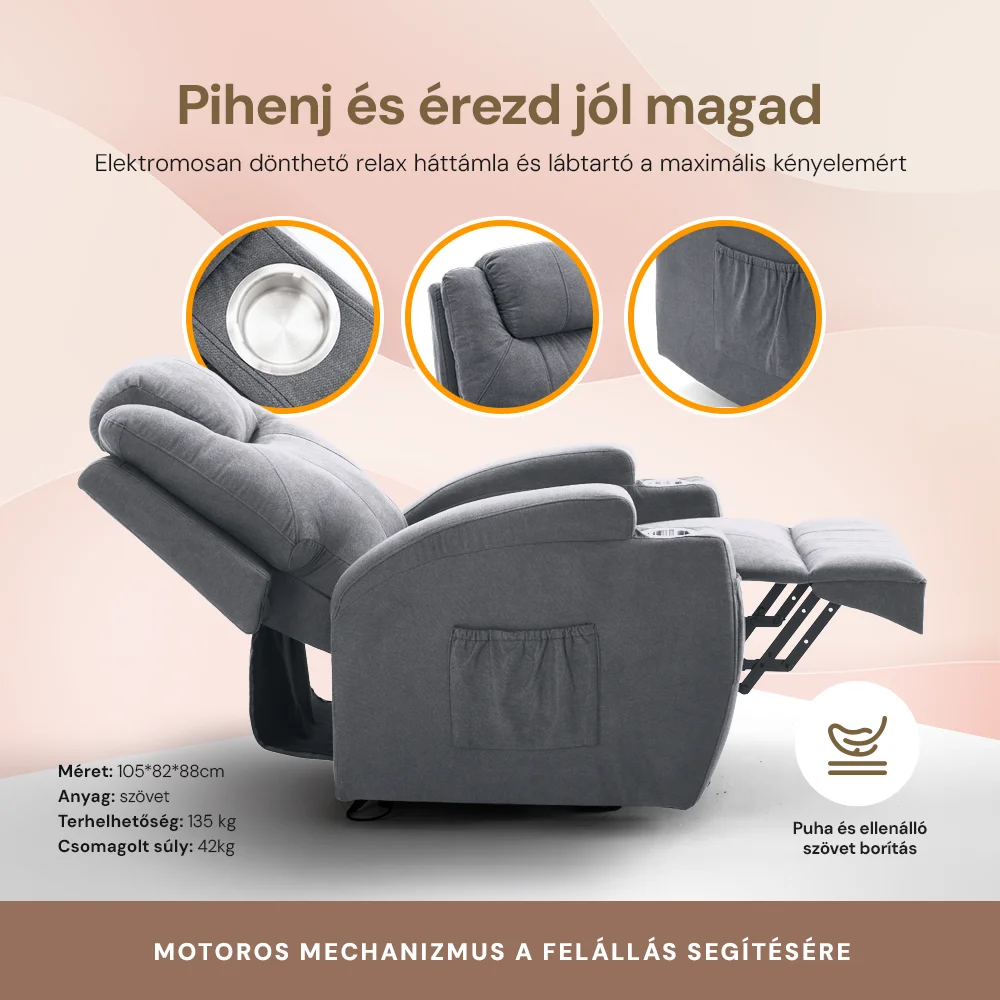 Felállást segítő relax elektromos fotelágy motoros mechanizmus szövet sötétszürke, pohártartóval