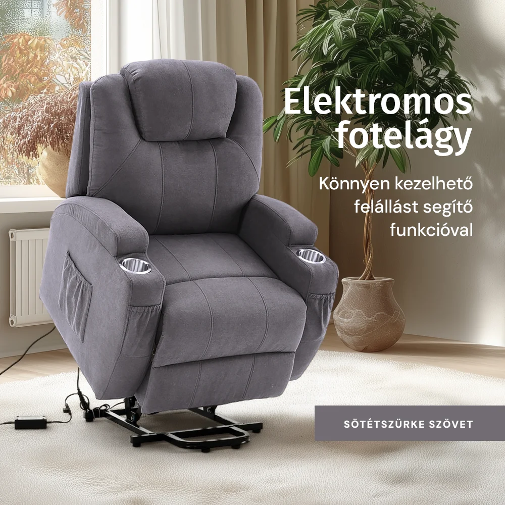Felállást segítő relax elektromos fotelágy motoros mechanizmus szövet sötétszürke, pohártartóval