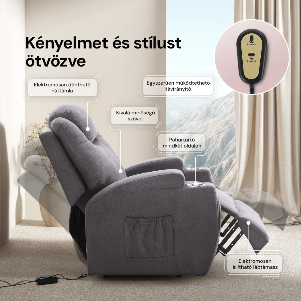 Felállást segítő relax elektromos fotelágy motoros mechanizmus szövet sötétszürke, pohártartóval