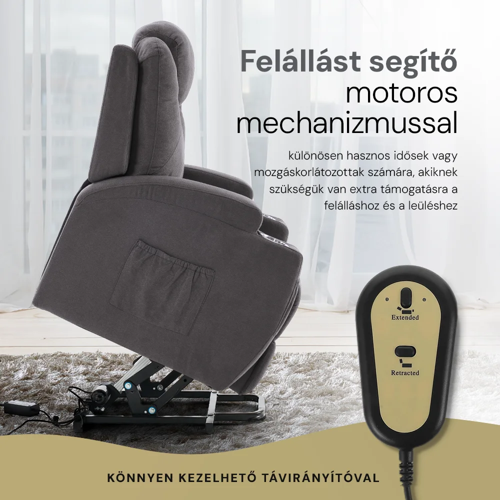Felállást segítő relax elektromos fotelágy motoros mechanizmus szövet sötétszürke, pohártartóval