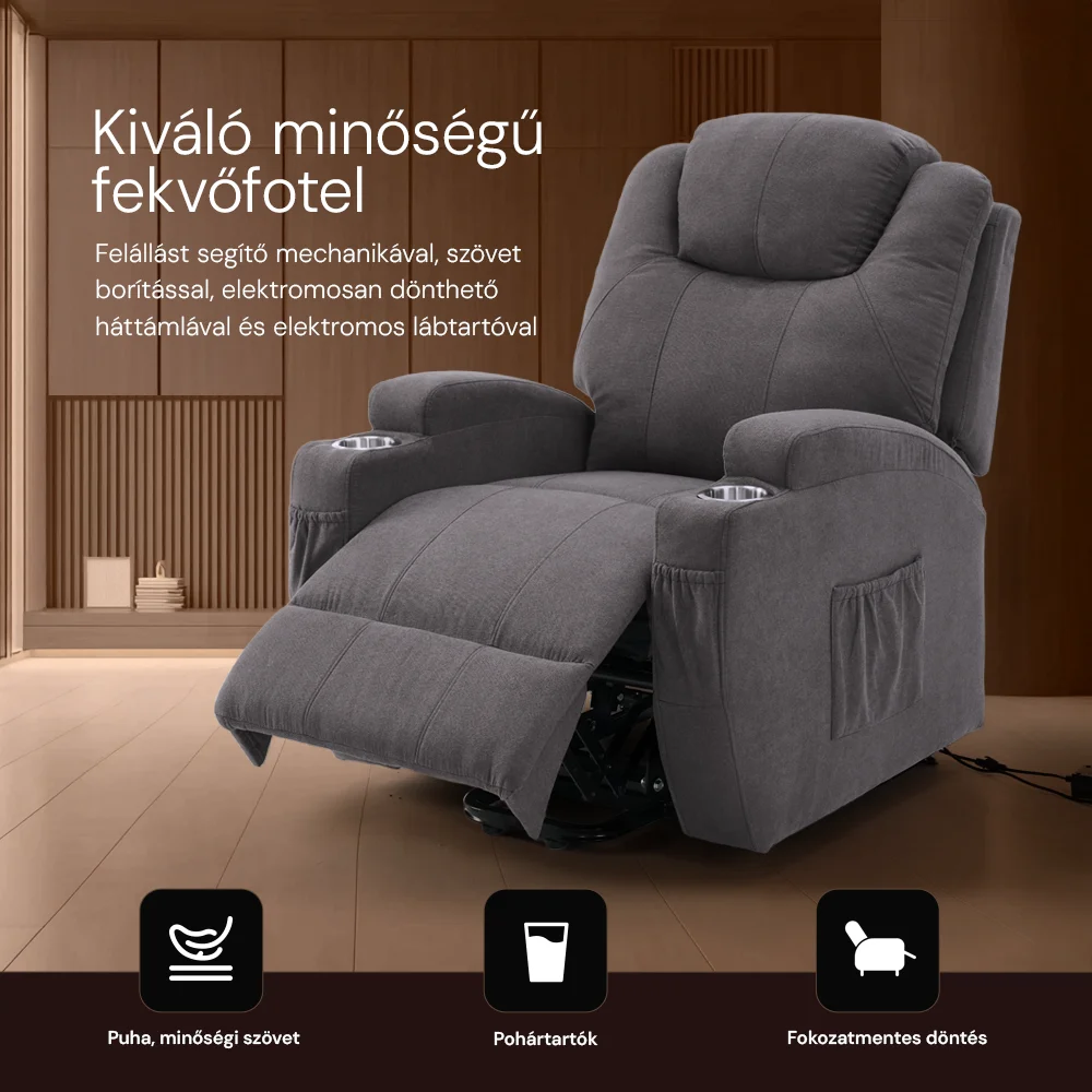 Felállást segítő relax elektromos fotelágy motoros mechanizmus szövet sötétszürke, pohártartóval
