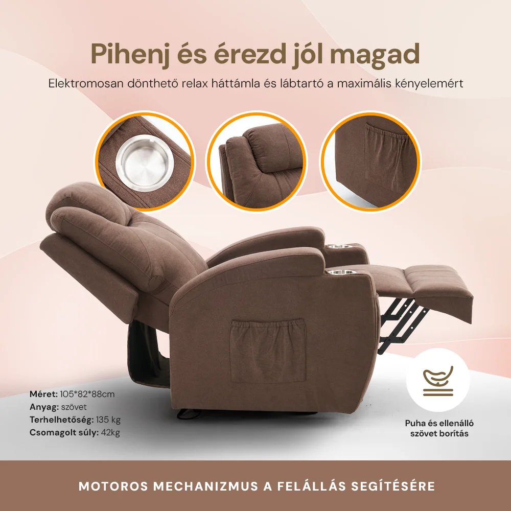 Felállást segítő elektromos relax fotelágy motoros mechanizmus szövet sötétbarna, pohártartóval