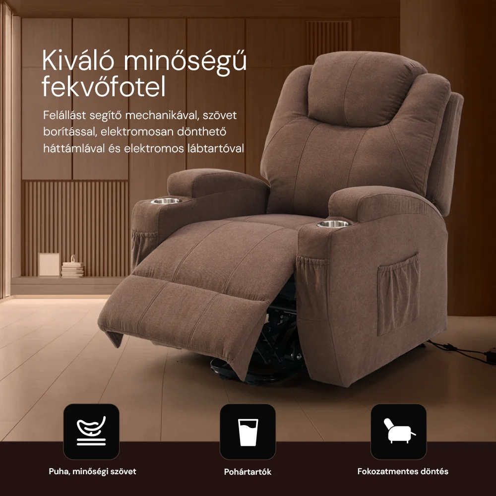 Felállást segítő elektromos relax fotelágy motoros mechanizmus szövet sötétbarna, pohártartóval