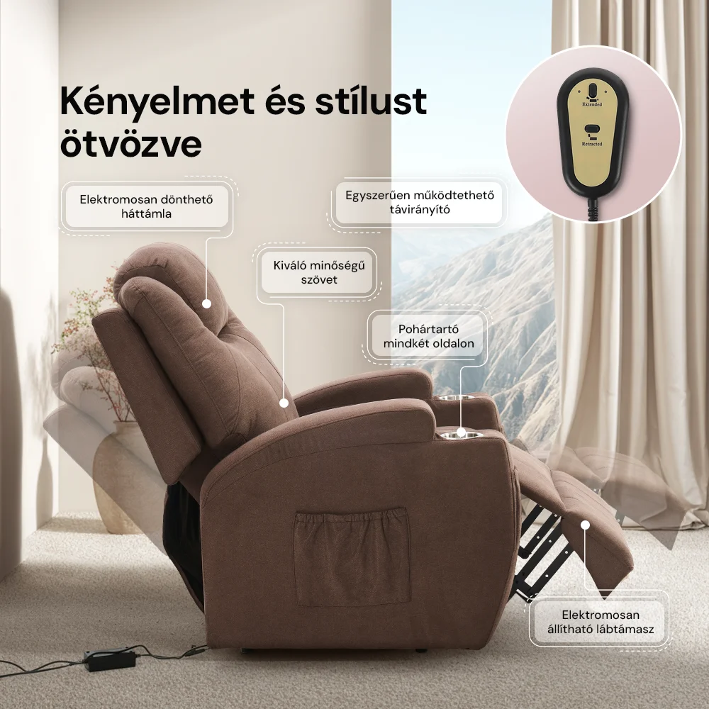 Felállást segítő elektromos relax fotelágy motoros mechanizmus szövet sötétbarna, pohártartóval