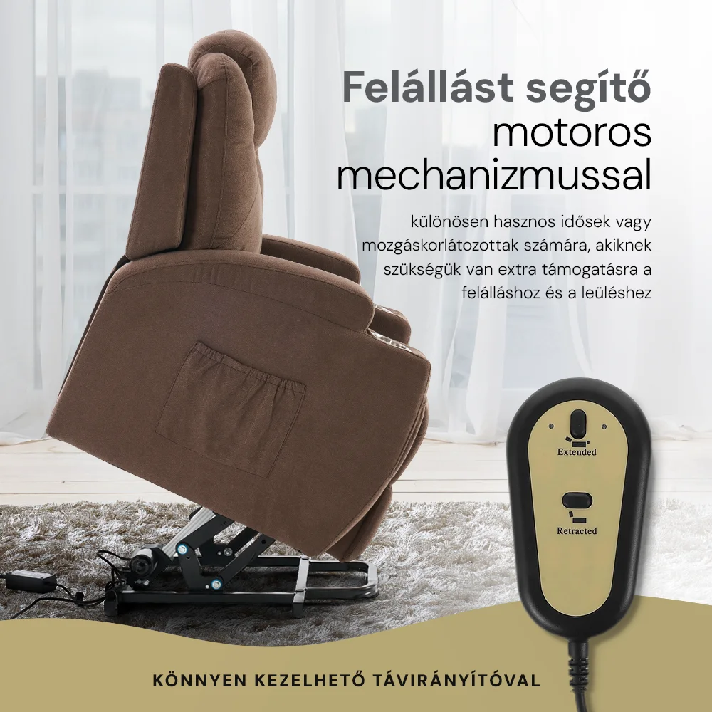 Felállást segítő elektromos relax fotelágy motoros mechanizmus szövet sötétbarna, pohártartóval