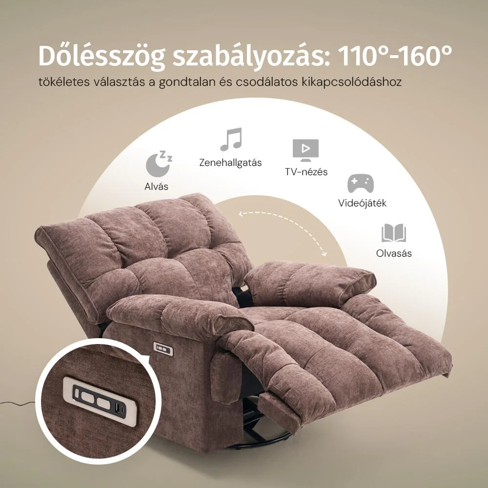 Elektromos relax fotelágy ringató, forgatható barna bársony szövet (JN-D8108A30)