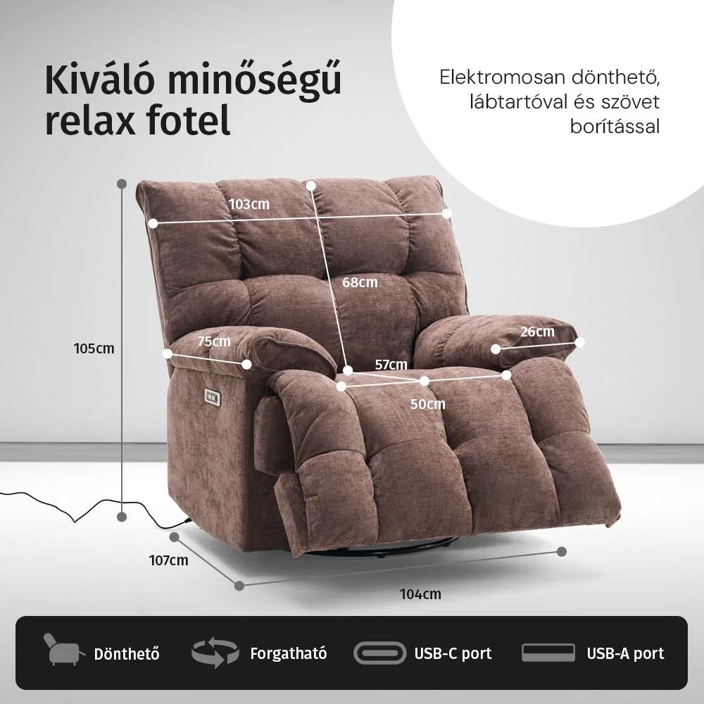 Elektromos relax fotelágy ringató, forgatható barna bársony szövet (JN-D8108A30)