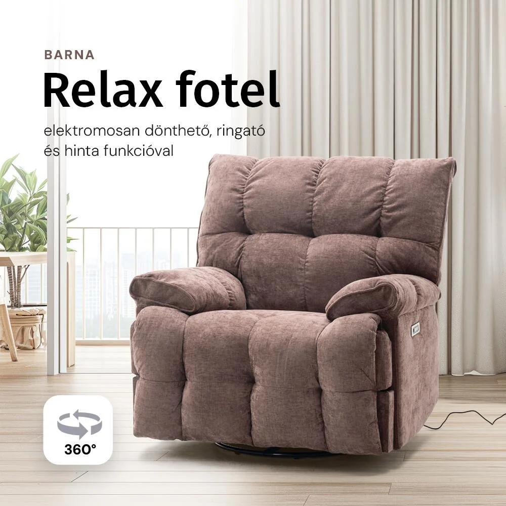 Elektromos relax fotelágy ringató, forgatható barna bársony szövet (JN-D8108A30)