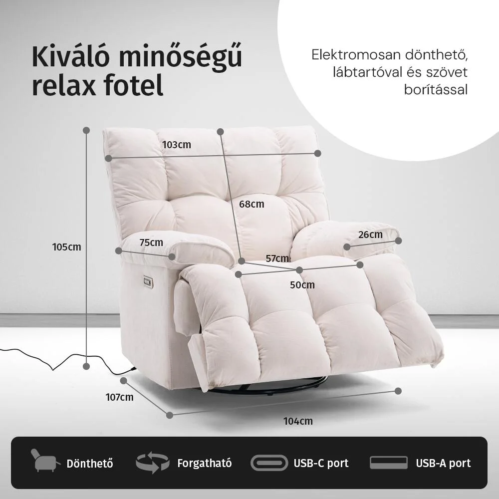 Elektromos relax fotelágy ringató, forgatható bézs bársony szövet (JN-D8108A30)