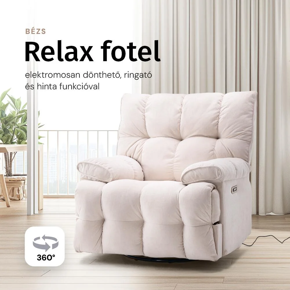 Elektromos relax fotelágy ringató, forgatható bézs bársony szövet (JN-D8108A30)