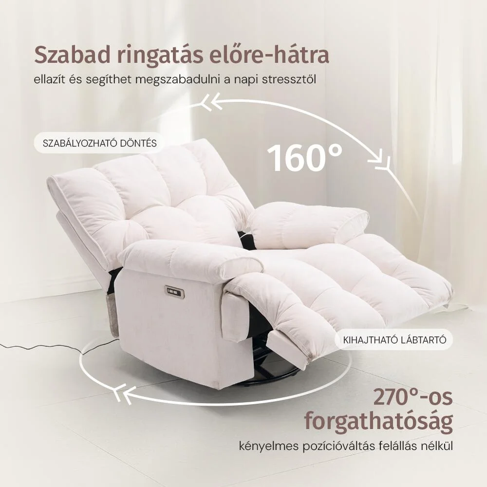 Elektromos relax fotelágy ringató, forgatható bézs bársony szövet (JN-D8108A30)