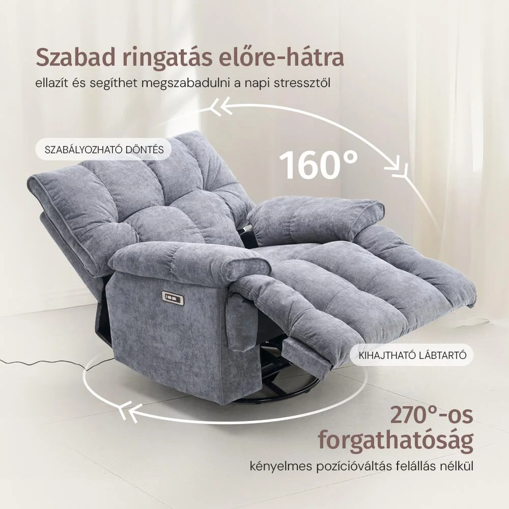 Elektromos relax fotelágy ringató, forgatható szürke bársony szövet (JN-D8108A30)