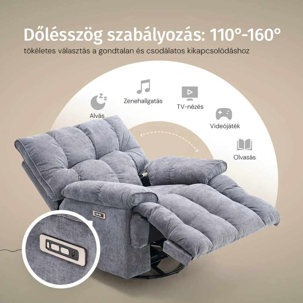 Elektromos relax fotelágy ringató, forgatható szürke bársony szövet (JN-D8108A30)