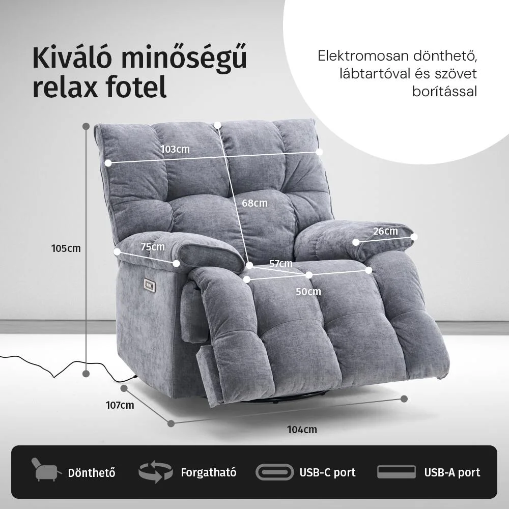 Elektromos relax fotelágy ringató, forgatható szürke bársony szövet (JN-D8108A30)