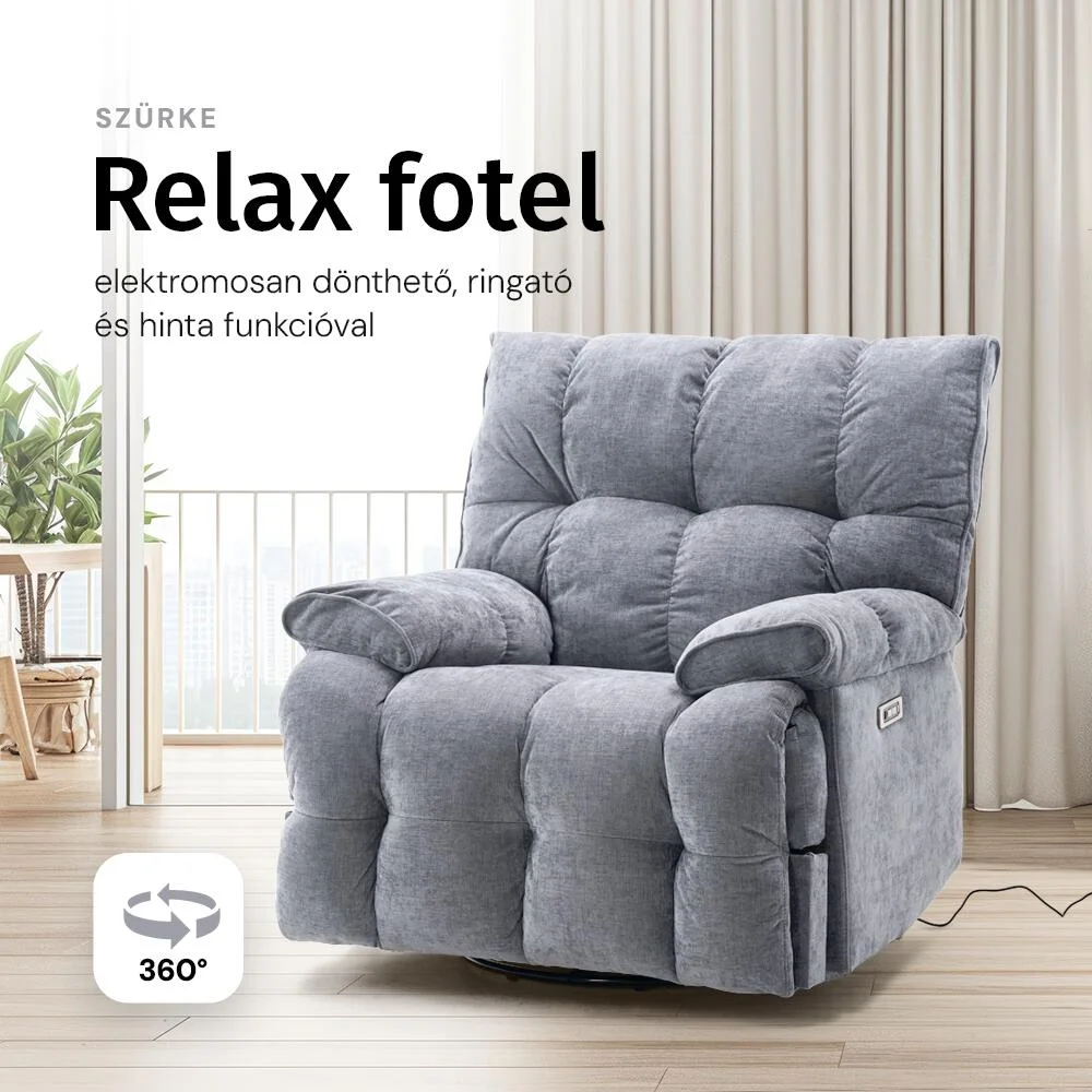 Elektromos relax fotelágy ringató, forgatható szürke bársony szövet (JN-D8108A30)