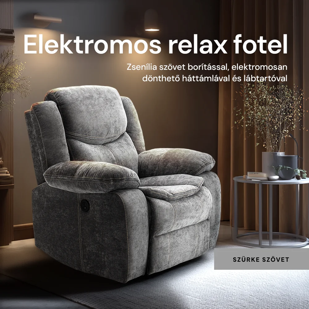 Elektromosan dönthető relax fekvőfotel, zsenília szövet (szürke) 