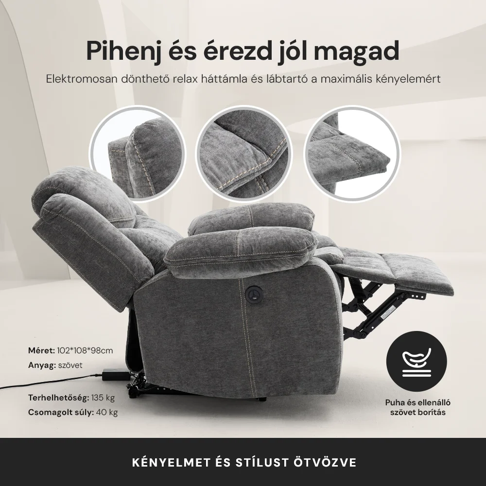 Elektromosan dönthető relax fekvőfotel, zsenília szövet (szürke) 