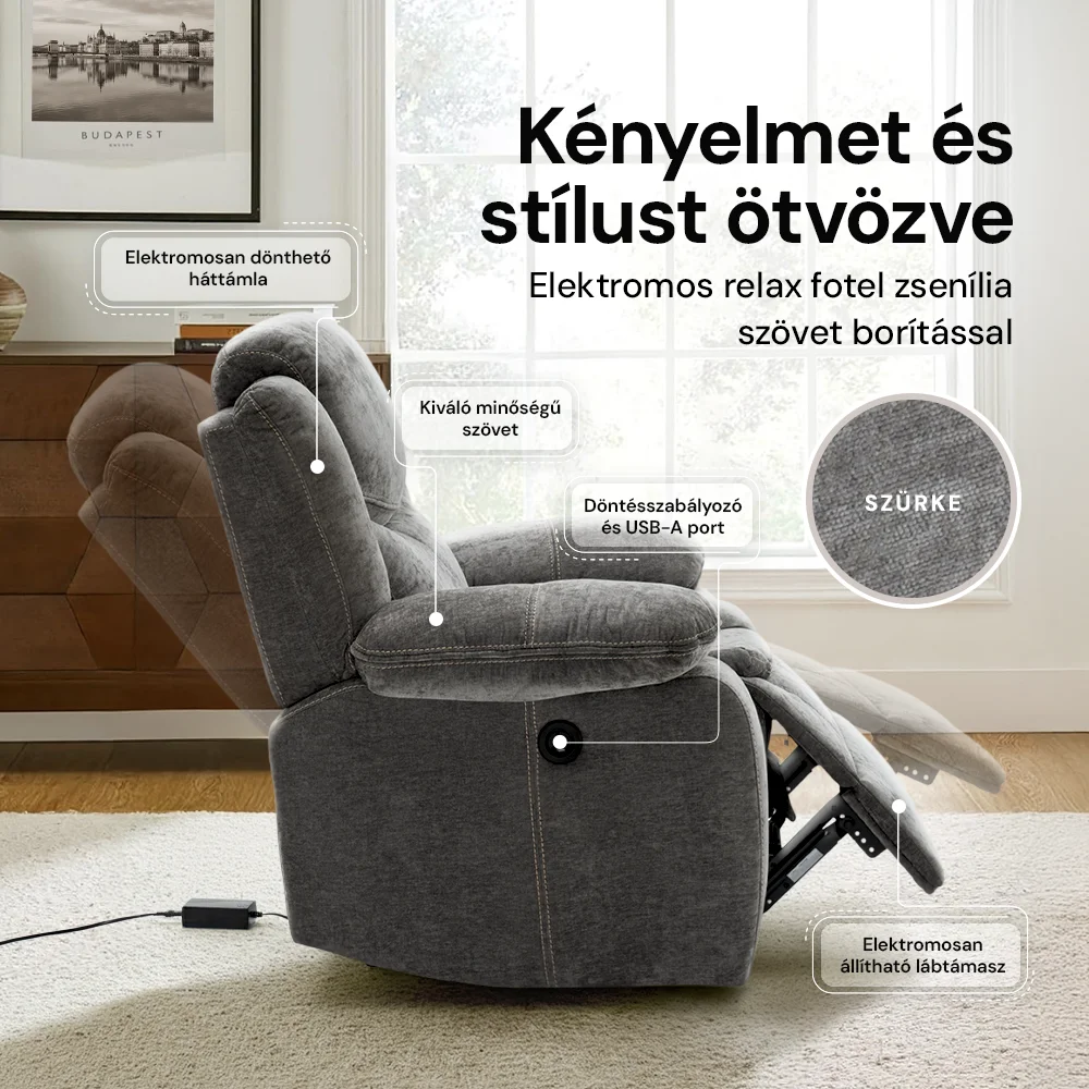 Elektromosan dönthető relax fekvőfotel, zsenília szövet (szürke) 