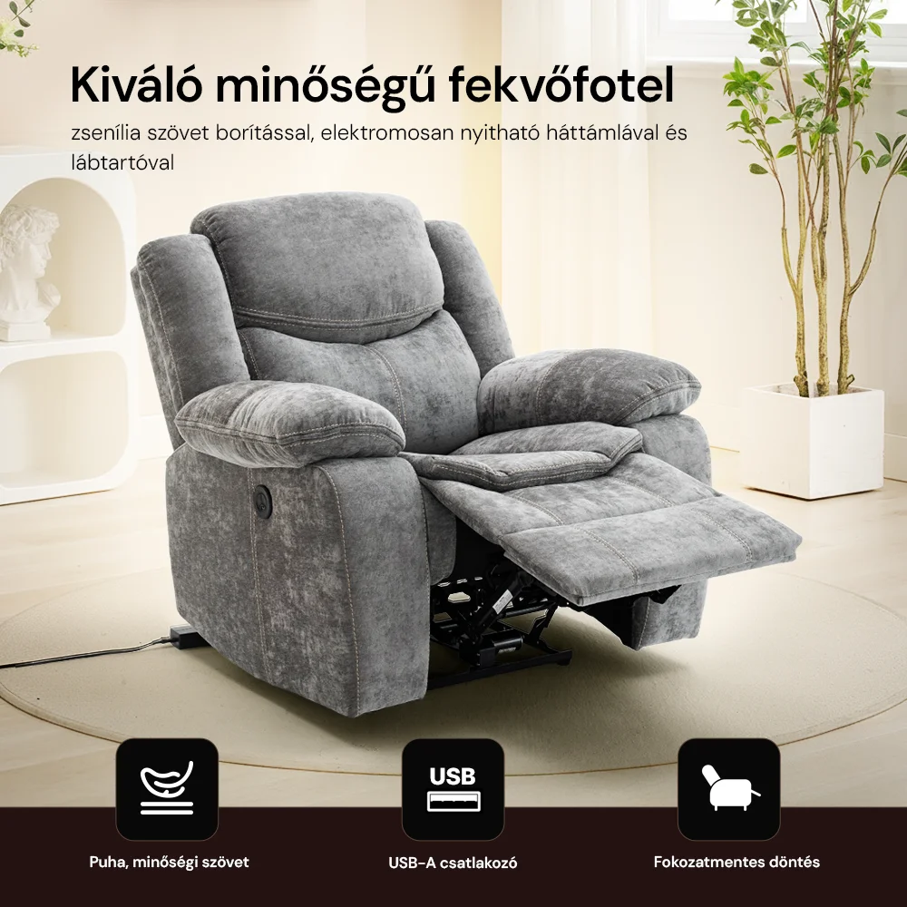 Elektromosan dönthető relax fekvőfotel, zsenília szövet (szürke) 