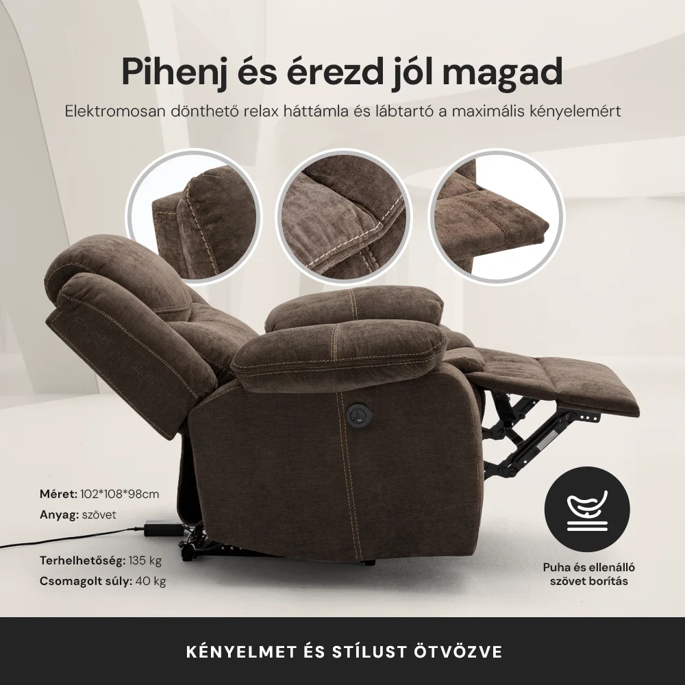 Elektromosan dönthető relax fekvőfotel, zsenília szövet (barna)