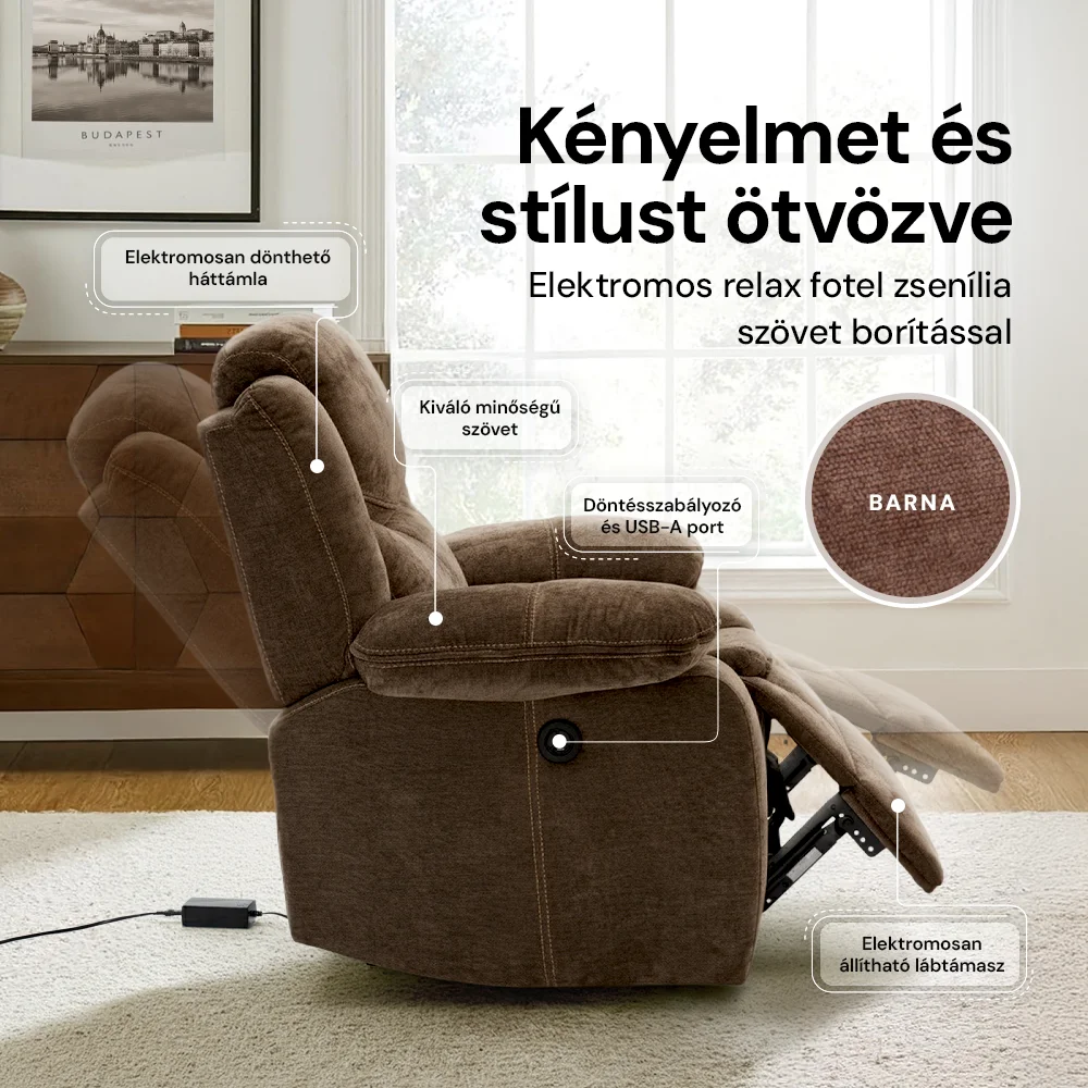 Elektromosan dönthető relax fekvőfotel, zsenília szövet (barna)