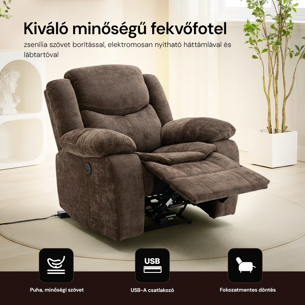 Elektromosan dönthető relax fekvőfotel, zsenília szövet (barna)