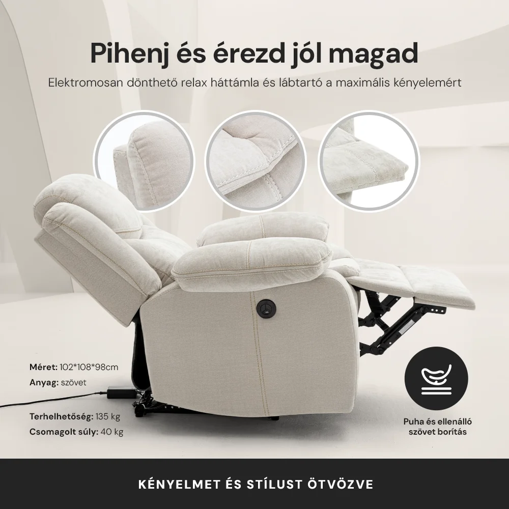 Elektromosan dönthető relax fekvőfotel, zsenília szövet (bézs) 