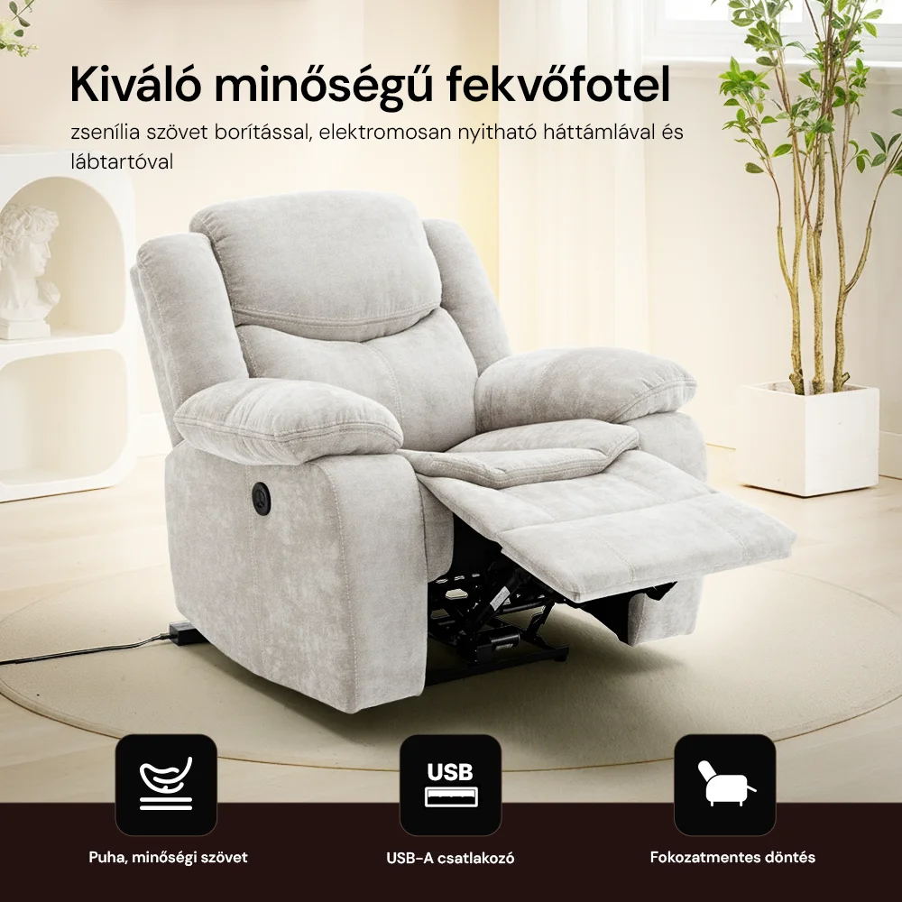 Elektromosan dönthető relax fekvőfotel, zsenília szövet (bézs) 